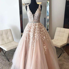 Blush muçulmano vestidos de noite 2019 a line profundo com decote em v tule renda frisado islâmico dubai árabe longo vestido de noite baile 2024 - compre barato