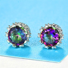 8MM Female Rainbow Austrian Crystal Crown Stud Earrings For Women 925 Silver Filled Round Purple Blue Zircon Wedding Earrings CZ 2024 - buy cheap