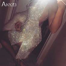 Akyzo-mini vestido transparente brilhante de strass para mulheres, moda feminina, partes de lantejoulas, irregular, costas nuas, festa e boate, 2021 2024 - compre barato