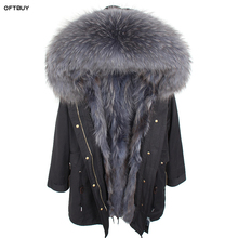 Oftbuy jaqueta de inverno feminina, casaco de pele real, parka, gola de guaxinim, raposa, forro de pele, preto solto, longo, moda urbana, 2021 2024 - compre barato