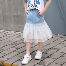 Falda vaquera con costuras de malla para niñas, falda informal con cintura elástica, estilo coreano, 4, 5, 6, 7, 8, 9 años, novedad de verano 2024 - compra barato