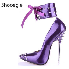 Sexy pointed toe rivets stud 16 CM high heel women pumps ankle lace up stiletto heel night club dance pumps 2024 - buy cheap