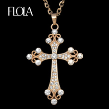 FLOLA Hip Hop Catholic Big Cross Pendant Necklace Gold Chain Rhinestone Long Necklace Pendants for Women Jewelry gifts nkeh77 2024 - buy cheap