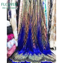 Gold And Blue Sequins Net Lace Fabric 2019 Dazzling Design Nigerian For Evening Party Dress Sewing Sequined Embroidered Material 2024 - buy cheap