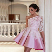 Pink Homecoming Dresses A-line One-shoulder Half Sleeves Short Mini Satin Lace Elegant Cocktail Dresses 2024 - buy cheap