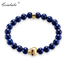 Natural Stone Lapis Lazuli Round Loose Beads Strand 8MM  Skull 2017 Gold-color Uir Homme Bijoux Fashion Friendship Bracelets 2024 - buy cheap