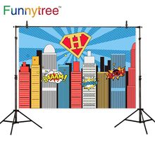 Funnytree-telón de fondo de fiesta de superhéroes, fotografía de Ciudad de dibujos animados para niños, sesión fotográfica de cumpleaños, foto de fondo, fotomatón 2024 - compra barato
