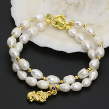 7-8mm white natural freshwater cultured barrel rice pearl two rows clasp bracelets original design charms jewelry 8inch B2759 2024 - buy cheap
