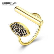 Anillo de Plata de Ley 925 con forma de hoja para mujer, sortija de cristal negro de plata 925 auténtica, sortija de lujo de Color dorado, joyería de fiesta 2024 - compra barato