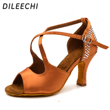 DILEECHI-zapatos de baile latino para mujer, calzado de satén de bronce con diamantes de imitación cuadrados para Salsa, zapatos de baile de salón, suela exterior blanda de 8cm 2024 - compra barato