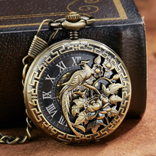Reloj de bolsillo mecánico Vintage de bronce para hombre, con grabado láser de Phoenix Bird, collar de Animal, bobinado a mano, relojes Fob con cadena 2024 - compra barato