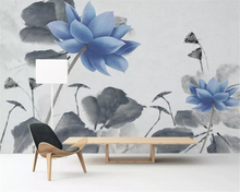 Beibehang Custom photo mural wallpaper Hand Painted Ink blue lotus Cafe TV background wall painting 3d wallpaper papel de parede 2024 - buy cheap