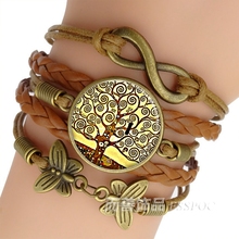 Fashion Klimt Tree of Life Jewelry Glass Dome Cabochon Woven Bracelet Link Chain Handmade Infinity Leather Charm Bracelets Gift 2024 - buy cheap