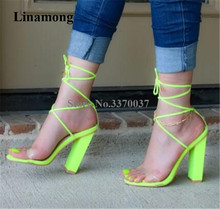 Women Sexy Simple Style Neon Yellow Chunky Heel Gladiator Sandals Lace-up Rose Red Thick High Heel Sandals Dress Heels 2024 - buy cheap