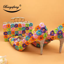 BaoYaFang-zapatos de boda con tacón fino para mujer, calzado con punta en pico, multicolor, con flores y bolsa 2024 - compra barato