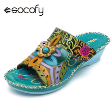 Socofy-Sandalias Bohemias de piel auténtica para mujer, zapatos con estampado Vintage de bosque, zapatillas de Tacón de Cuña con gancho, verano, 2020 2024 - compra barato