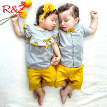 R&Z children's suit 2019 summer new baby boys and girls tie bow tie hair short sleeve pants suit cotton casual sports suit 2024 - buy cheap