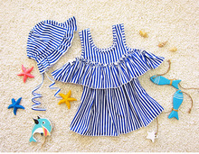 Summer Casual Dress Kids Girls One Piece 2 Pieces Swimming Suit Swimwear + Hat Summer Striped Dress Beach Wear Swimsuit SA4021 2024 - buy cheap