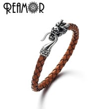 REAMOR Vintage Dragon Head Cuff Bangles Men Fashion Genuine Leather Bracelet Stainless Steel Charm Bracelet For Men Jewelry Gift 2024 - buy cheap