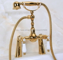 Polished Gold Bathroom Shower Faucet Bath Faucet Double Ceramic Handle With Hand Shower Head Set Deck Mounted Nna137 2024 - buy cheap