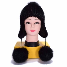 (TopFurMall) Russian Women Real Knitted Mink Fur Bomber Hats Fox Fur Pom Poms Winter Lady Caps Fashion Headgear LF6003 2024 - buy cheap