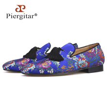 Piergitar brand 2019 new arrival Floral printing men loafers with big tassel wedding and prom men's silk shoes smoking slippers 2024 - buy cheap