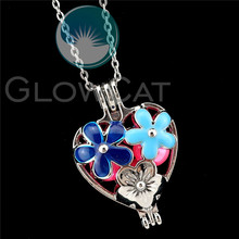 R-K1005 Blue Enamel Flower Heart Beads Cage Pendant Essential Oil Diffuser Pearl Cage Locket Necklace 2024 - buy cheap