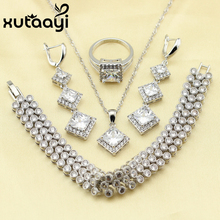Pretty Square White AAA Cubic Zirconia Silver color Color Jewelry Sets Bracelets/Necklace/Pendant/Long Earrings/Rings For Women 2024 - buy cheap