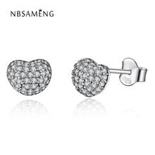 NBSAMENG 100% 925 Sterling Silver Earring Bright love Heart Full of Crystal Pan Stud Earrings For Women Jewelry 2024 - buy cheap