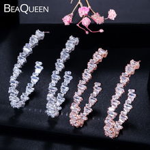 BeaQueen Elegant Rose Gold Color Double Side Baguette Cubic Zirconia Big Circle Hoop Earrings Fashion Jewelry for Women E269 2024 - buy cheap