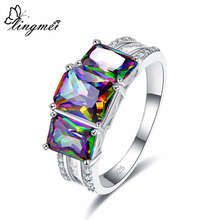 lingmei Wholesale Gorgeous Party Fire Mystic Rainbow Multi & White & Blue Zircon Silver Color Ring Size 6-9 Jewelry For Women 2024 - buy cheap