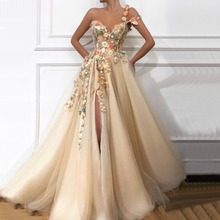 Dubai Sexy Champagne One Shoulder Prom Dresses Diamonds Handmade Flowers Pearls Evening Prom Gowns 2020 Serene Hill BLA60946 2024 - buy cheap