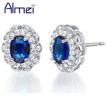 Almei Flowers Lady Earrings Crystal White Stud Earrings with Pink Blue Stones for Women Brincos Bijuterias Zircon Jewelry R776 2024 - buy cheap