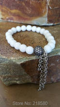 B16022748 White or Matte Onyx BEADS Bracelet  Pave BALL with gunmetal chain Tassel 2024 - buy cheap