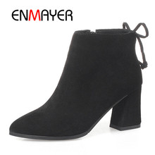 ENMAYER Women High Heels Ankle Boots Shoes Women Plus Size 34-42 Pointed Toe Thick Heels Suede Causal Shoes Zipper Lace Up CR986 2024 - buy cheap