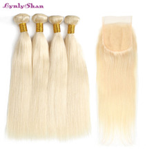 Lynlyshan cabelo humano 4 pacotes com fechamento 613 cor loira remy cabelo malaio tecer cabelo reto frete grátis 2024 - compre barato