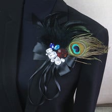 Moda exagerada pluma negra lazo con cristales broche pins mujeres hombres moda Pavo Real pluma broches vintage joyería regalos 2024 - compra barato