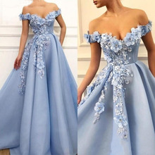 Light Blue Long Prom Dresses New Hand Made Flowers Off The Shoulder Floor Length Sleeveless Formal Evening Dress Party Gowns 2024 - buy cheap