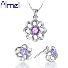 Almei White/Purple Flower Jewelry Sets for Women New Silver Necklace Set Fashion Crystal Pendant Necklaces Earrings Sale T019 2024 - buy cheap