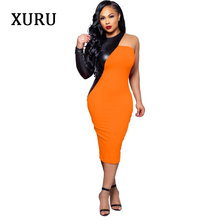 XURU 2020 new PU leather stitching long-sleeved dress sexy women's XL dress club party dress 2024 - buy cheap