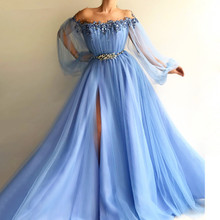 Blue Muslim Evening Dresses A-line Long Sleeves Tulle Slit Pearls Islamic Dubai Saudi Arabic Long Formal Evening Gown Prom 2024 - buy cheap