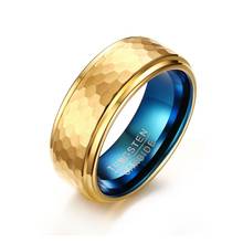 Free Engraving 8mm Two Tone Blue & Gold Color Tungsten Carbide Hammered Rings Stepped Edges Promise Band Comfort Fit 2024 - buy cheap