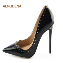 ALMUDENA Sexy Black Shiny Patent Leather Pointy Toe Pumps Rivets Stiletto Heels Nightclub Girls Dress Shoes Trendy Wedding Pumps 2024 - buy cheap