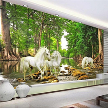 3D настенная ткань индивидуального размера, Белая лошадь, зеленый лес, обои для гостиной, ТВ, диван, задник, настенное покрытие, домашний декор 3 D 2024 - купить недорого