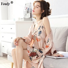 Robe pajamas Nightdress sleep Sets Floral Sexy Pyjamas Sets Women Summer Sleepwear Femme Robe Homewear faux silk two pieces set 2024 - buy cheap