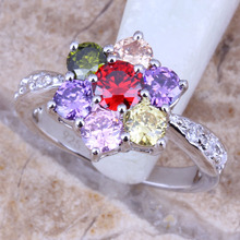 Glamorous Multicolor Red Garnet Silver Plated  Women's Flower Jewelry Ring Size 6 / 7 / 8 / 9 R0541 2024 - buy cheap