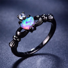 Bamos Muticolor Hand Heart Crown Ring Blue Green Purple Fire Opal Ring For Women Men Punk Black Gold Filled Couple Jewelry 2024 - buy cheap