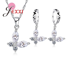 Women   925 Sterlling Silver Cubic Zirconia Cute Butterfly Pendant Necklace Crystal Drop Earrings Brincos El Collar 2024 - buy cheap