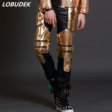 Nightclub Hip-Hop Rock Male Singer Costume PU Leather Pants Gold black Cool Long Pants Punk Style Bar Concert DJ Stage Trousers 2024 - buy cheap