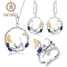 Gem's ballet natural azul safira artesanal gato & borboleta conjunto de jóias 925 prata esterlina anel brincos pingente conjuntos para mulher 2024 - compre barato